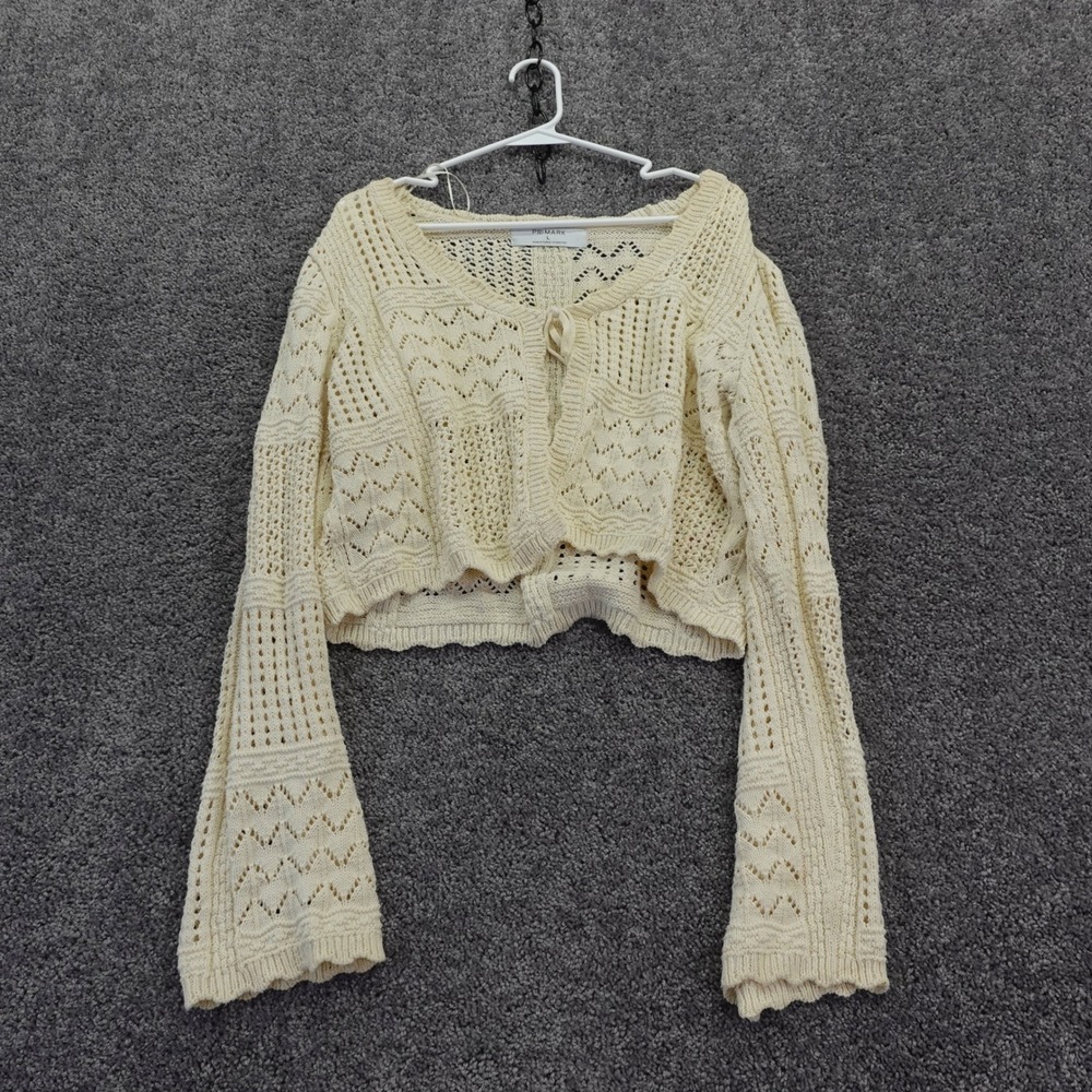 Primark Cardigan Womens Large Cream Open Knit Crochet Bell Sleeve Tie Front Crop